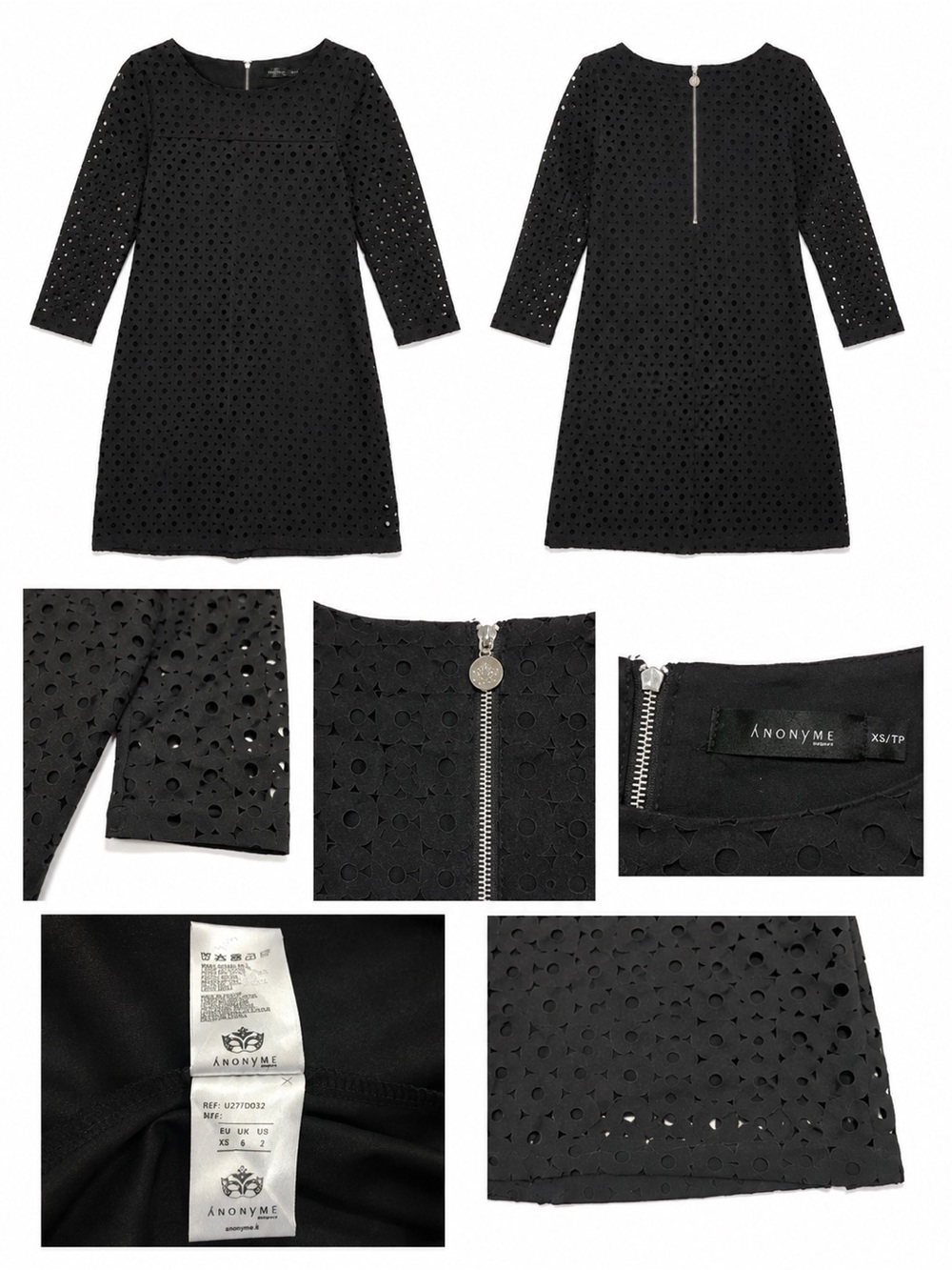Women's Black Eyelet Long-Sleeve Shift Dress